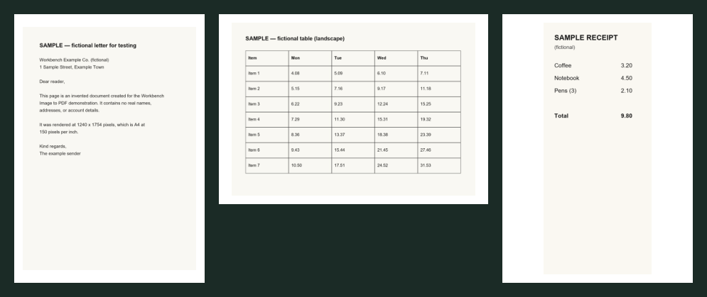 The three pages of the sample PDF: a portrait A4 letter, a landscape A4 table, and a portrait A4 page with the receipt upright and centred.